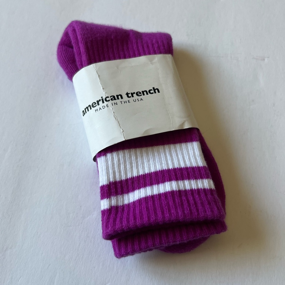 AMERICAN TRENCH RETRO DOUBLE STRIPE CREW SOCKS FUCHSIA PURPLE OS NWT